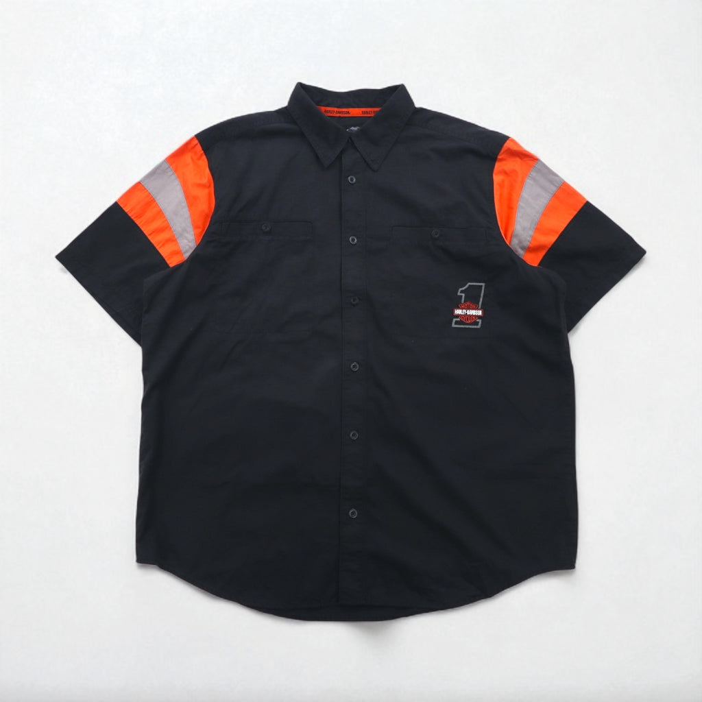 HARLEY DAVIDSON RACING Short Sleeve Racing Shirt, XL, Black Cotton, Double Pockets, Back Logo Embroidery