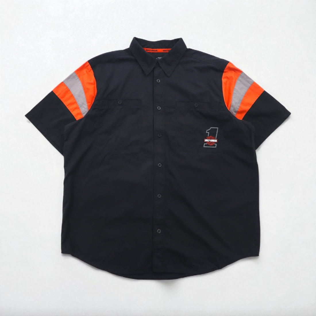 HARLEY DAVIDSON RACING Short Sleeve Racing Shirt, XL, Black Cotton, Double Pockets, Back Logo Embroidery