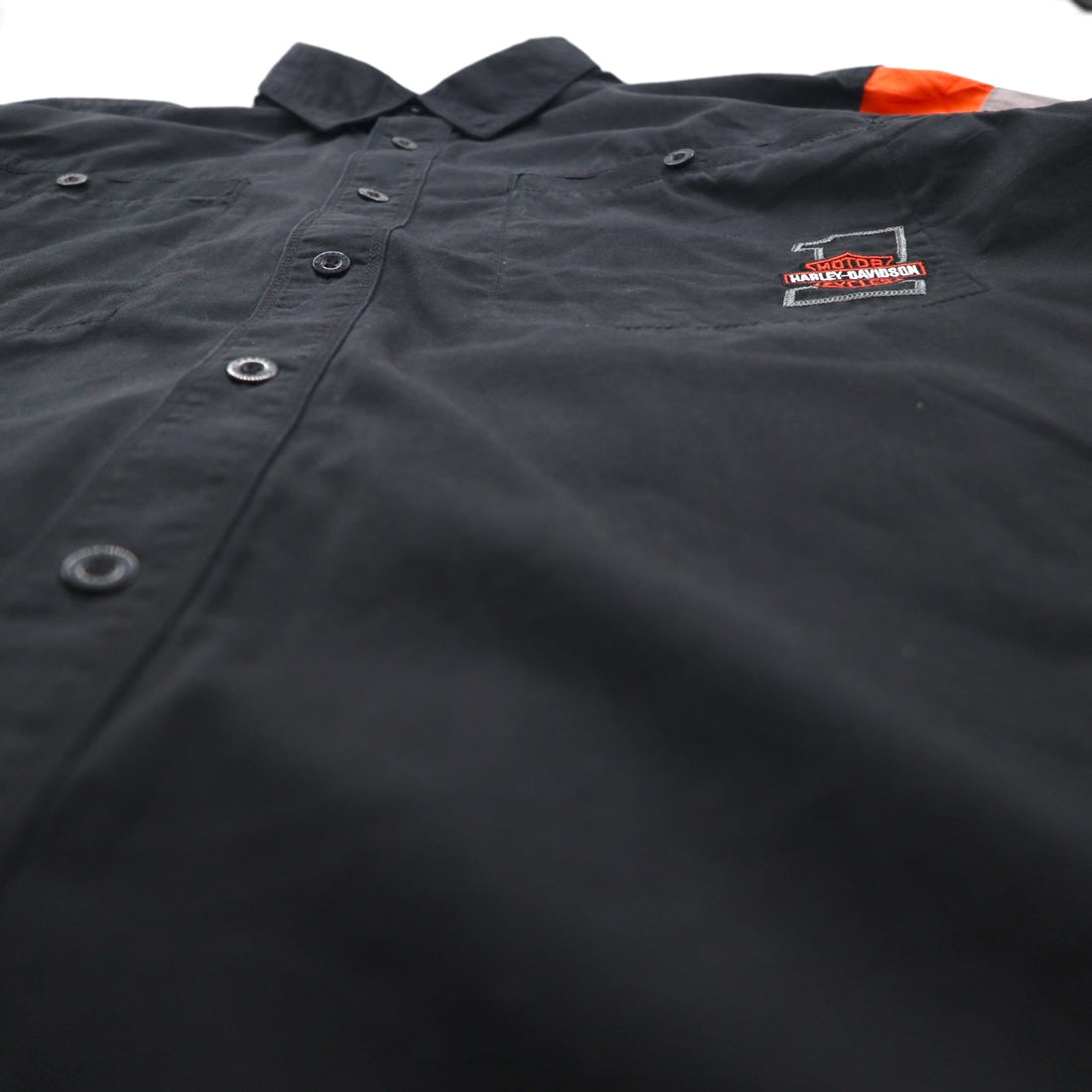 HARLEY DAVIDSON RACING Short Sleeve Racing Shirt, XL, Black Cotton, Double Pockets, Back Logo Embroidery