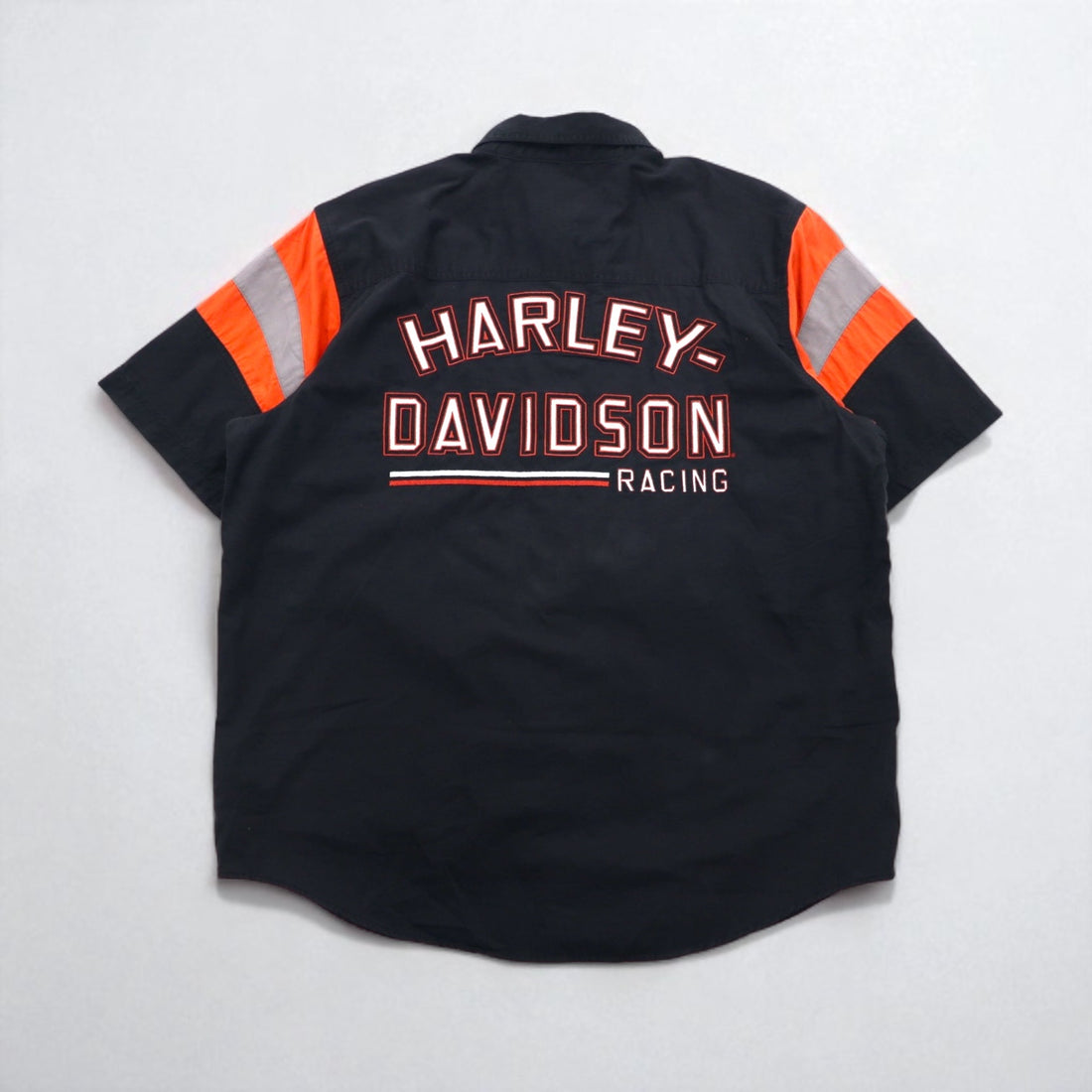 HARLEY DAVIDSON RACING Short Sleeve Racing Shirt, XL, Black Cotton, Double Pockets, Back Logo Embroidery