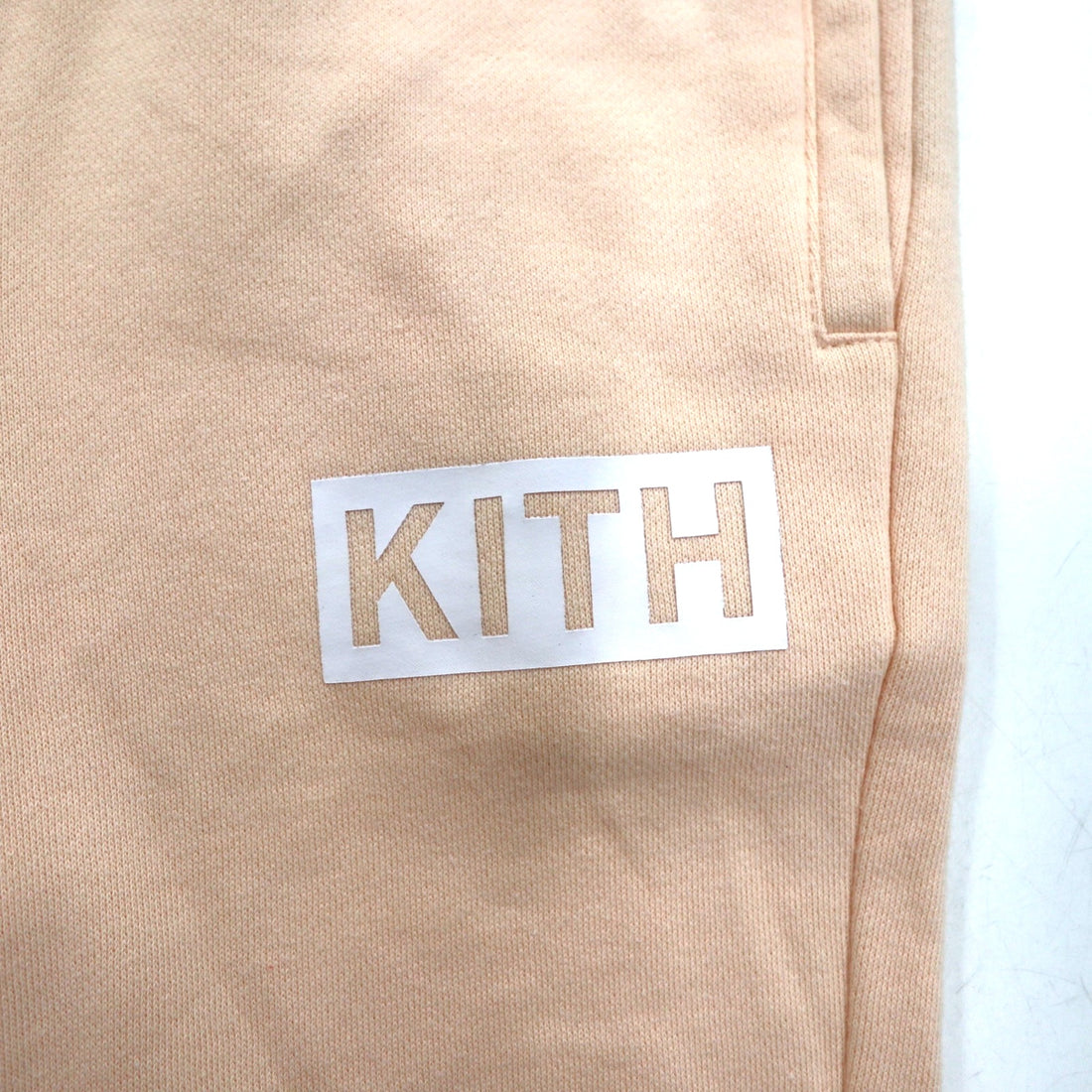 KITH Sweatpants M Pink Beige Cotton Box Logo Print Fleece Lining