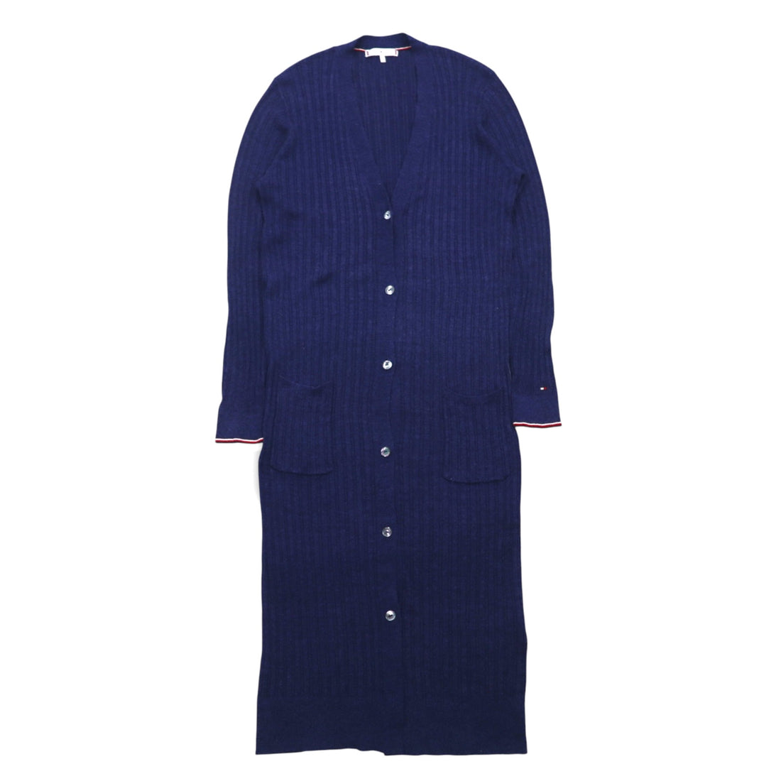 TOMMY HILFIGER Long Cardigan Linen Knit M Navy Rayon Ribbed