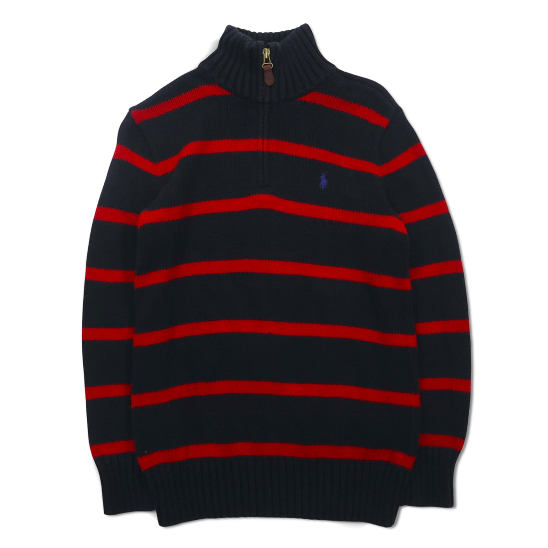Polo by Ralph Lauren 90s Half-Zip Cotton Knit Sweater, Medium, Striped, Black, Red