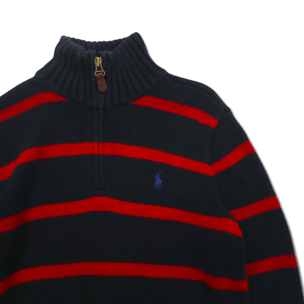 Polo by Ralph Lauren 90s Half-Zip Cotton Knit Sweater, Medium, Striped, Black, Red