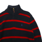 Polo by Ralph Lauren 90s Half-Zip Cotton Knit Sweater, Medium, Striped, Black, Red