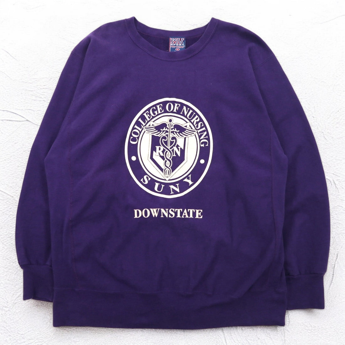 MV SPORT 90s Reverse Weave PRO-WEAVE College Print Sweatshirt XL Purple Fleece Lining DOWNSTATE