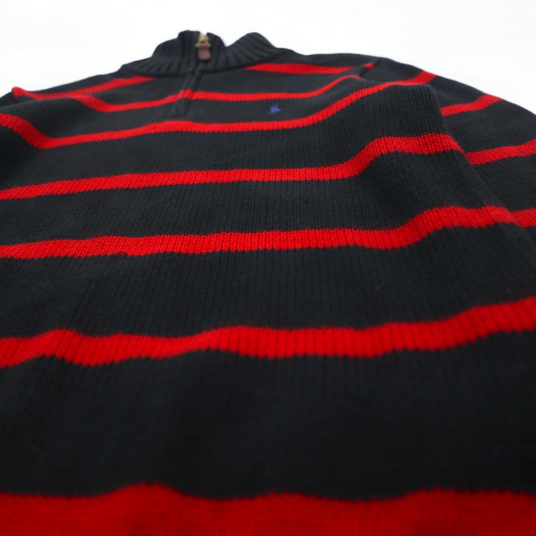 Polo by Ralph Lauren 90s Half-Zip Cotton Knit Sweater, Medium, Striped, Black, Red