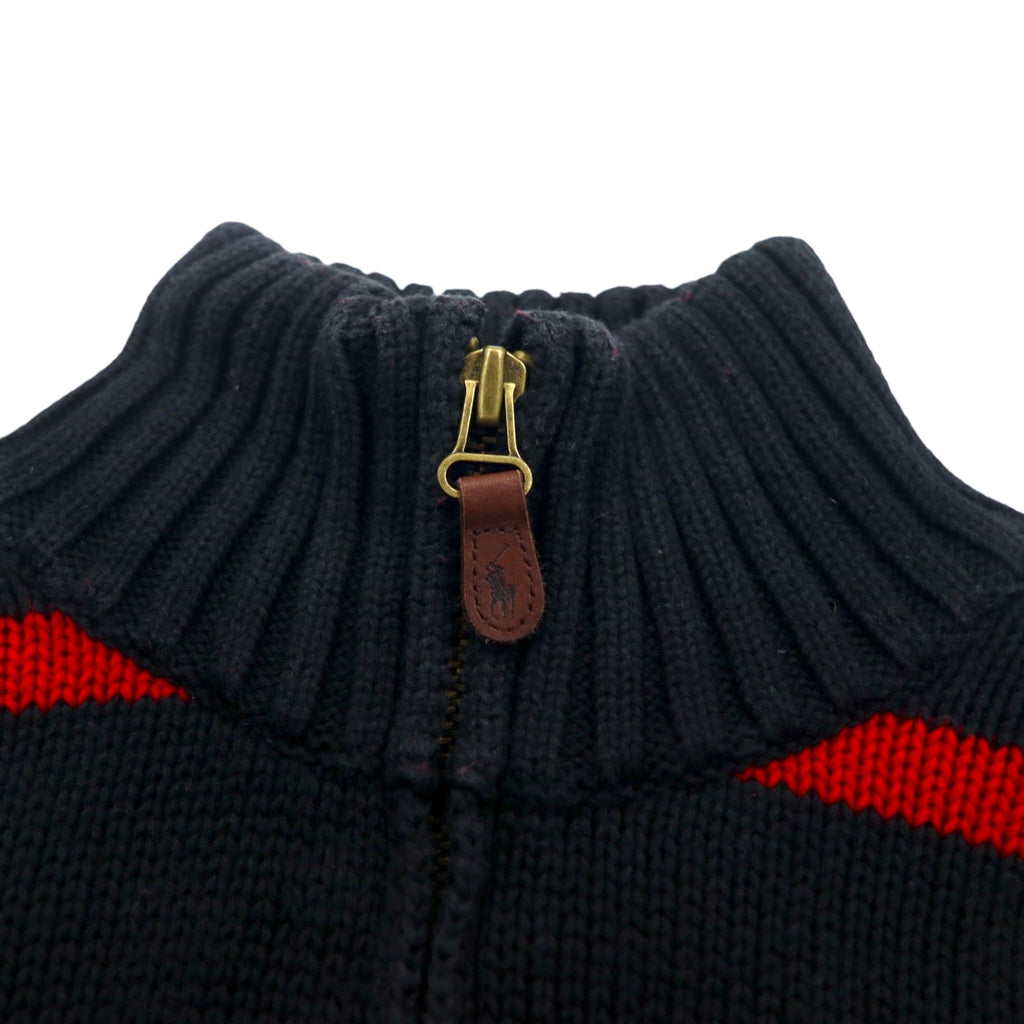 Polo by Ralph Lauren 90s Half-Zip Cotton Knit Sweater, Medium, Striped, Black, Red