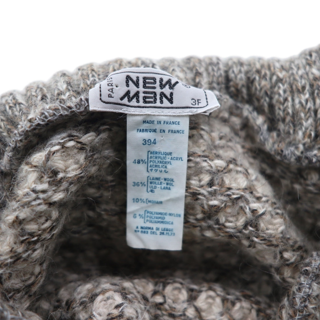 Made in France 90s New Man PARIS Turtleneck Waffle Knit Sweater L White Grey Acrylic Shoulder Button