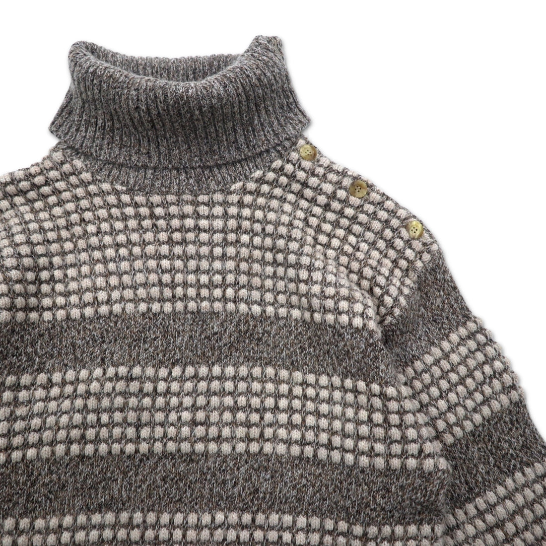 Made in France 90s New Man PARIS Turtleneck Waffle Knit Sweater L White Grey Acrylic Shoulder Button