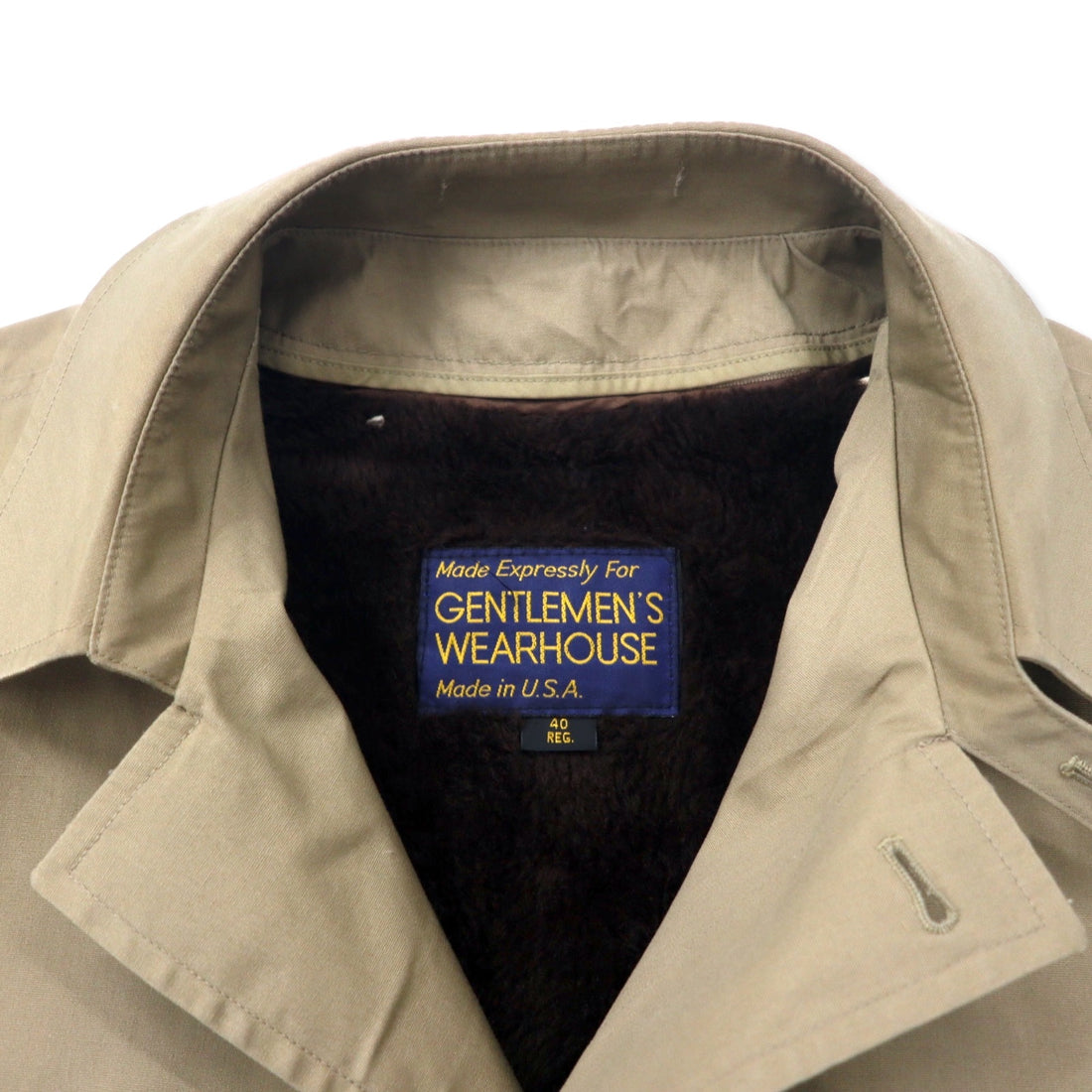 GENTLEMAN'S WAREHOUSE 80年代 USA製 比翼 ステンカラーコート 40 ベージュ  コットン チンストラップ ボアライナー着脱式