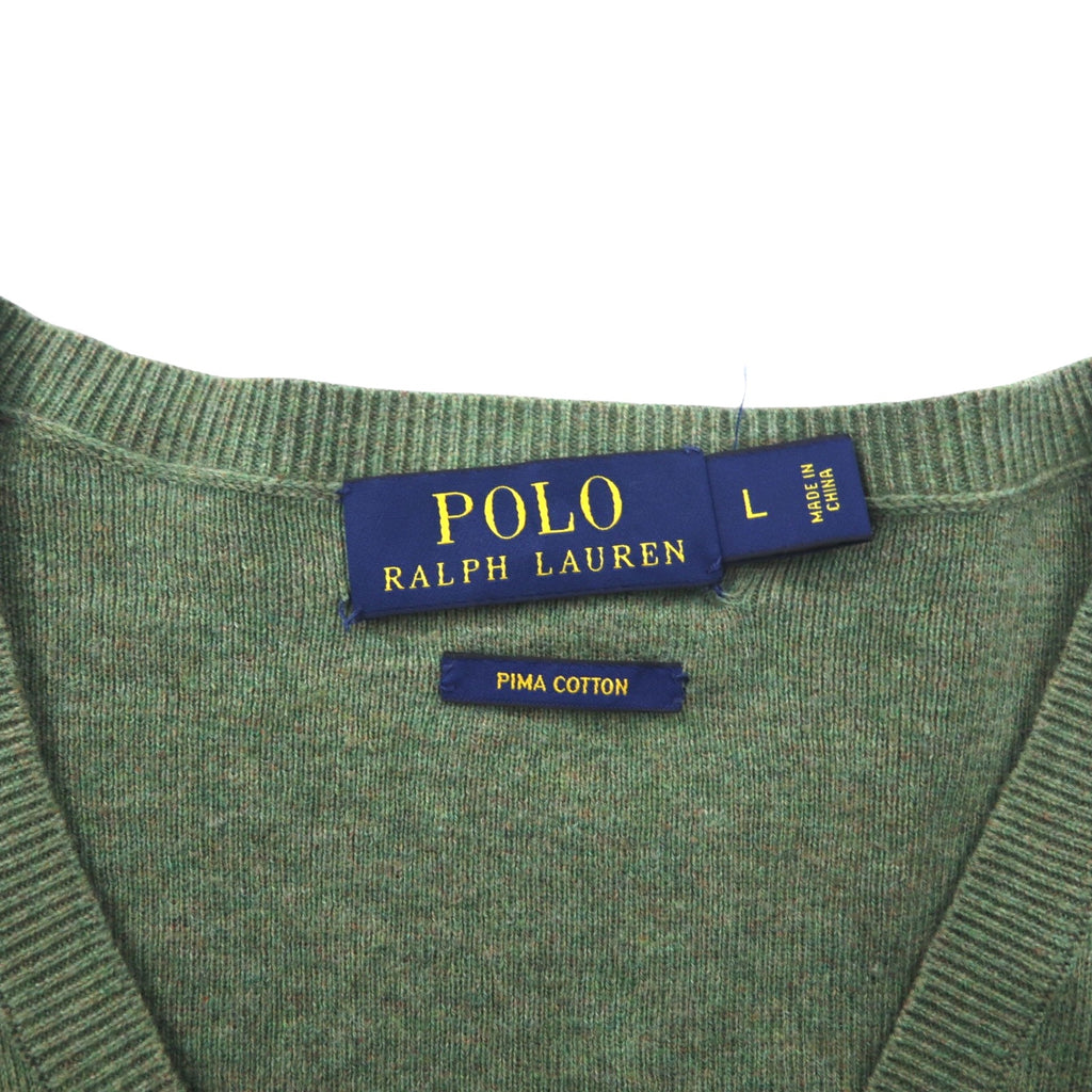 POLO RALPH LAUREN V-neck Pima Cotton Knit Sweater L Khaki Small Pony Embroidery PIMA COTTON
