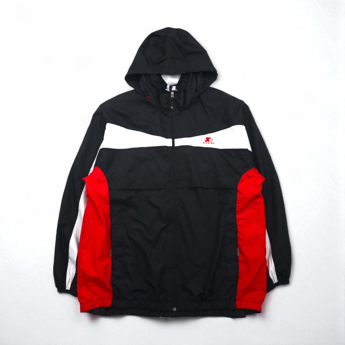 STARTER Nylon Parka Track Jacket Jersey, Size L, Black, with Hood Storage