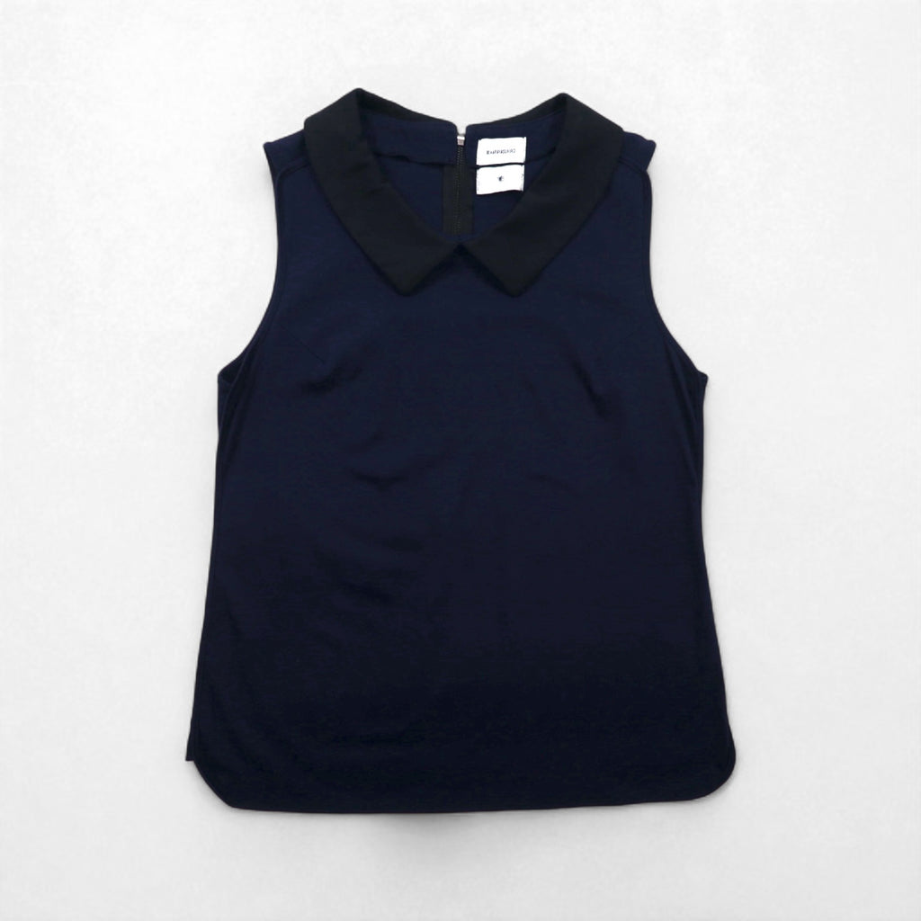 MIHARA YASUHIRO Collared Sleeveless Blouse, Size L, Navy, Cotton Stretch, Made in Japan
