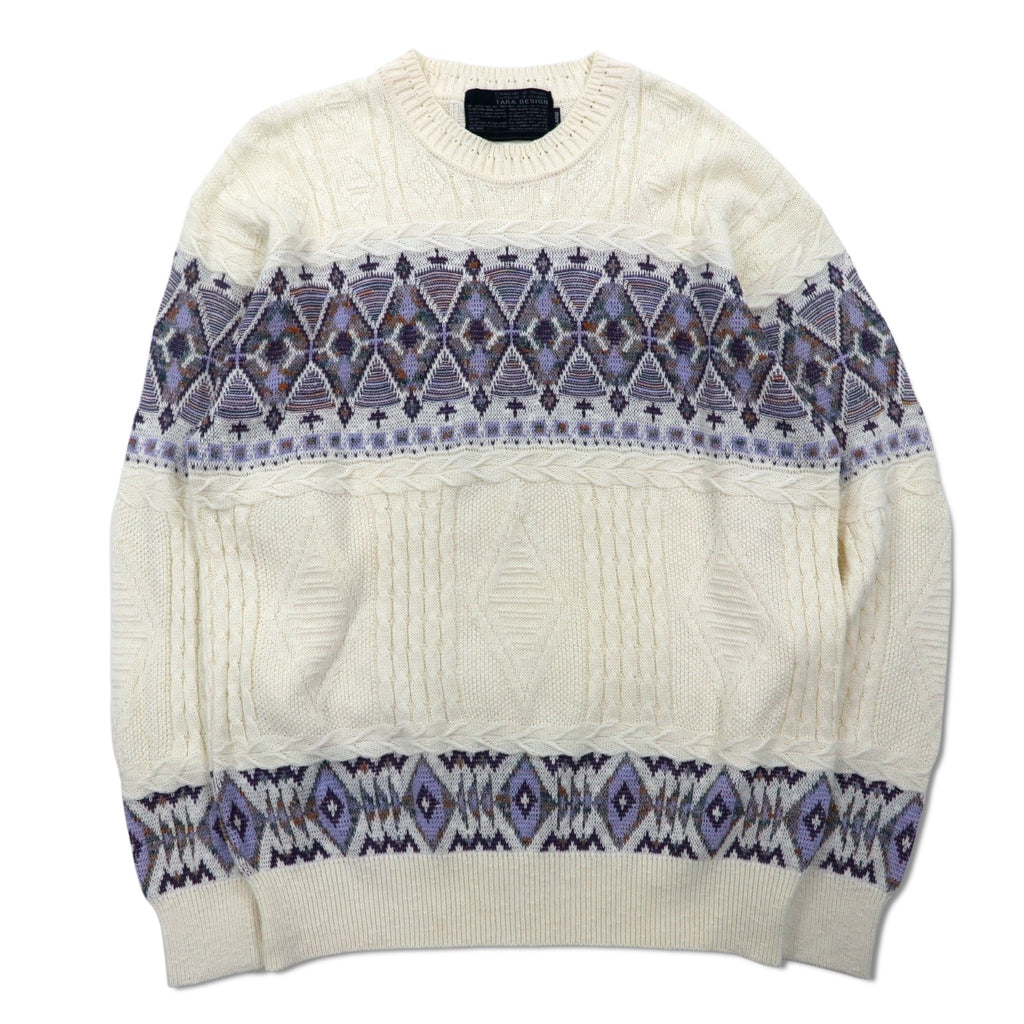 90s TARA DESIGN Jacquard Cotton Knit Sweater L White Purple Argyle Pattern Made in Japan