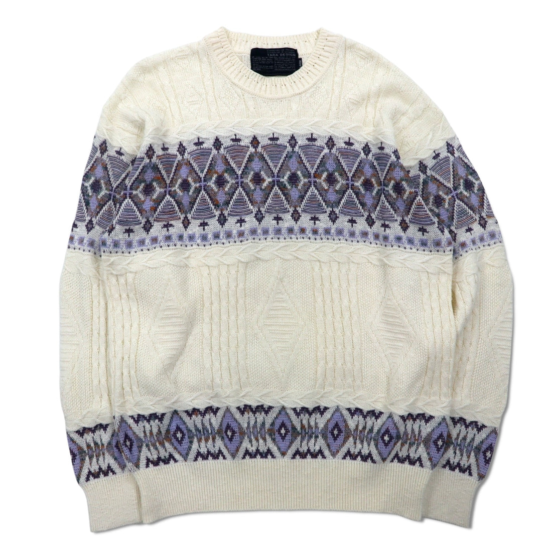 90s TARA DESIGN Jacquard Cotton Knit Sweater L White Purple Argyle Pattern Made in Japan