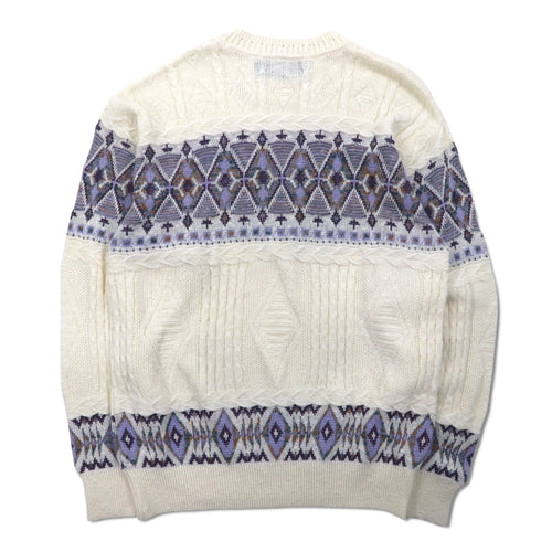 90s TARA DESIGN Jacquard Cotton Knit Sweater L White Purple Argyle Pattern Made in Japan