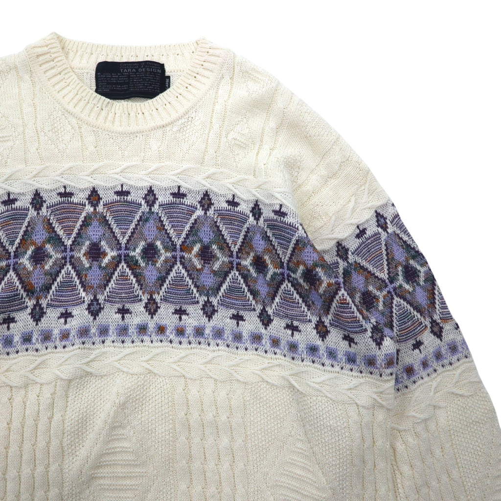 90s TARA DESIGN Jacquard Cotton Knit Sweater L White Purple Argyle Pattern Made in Japan