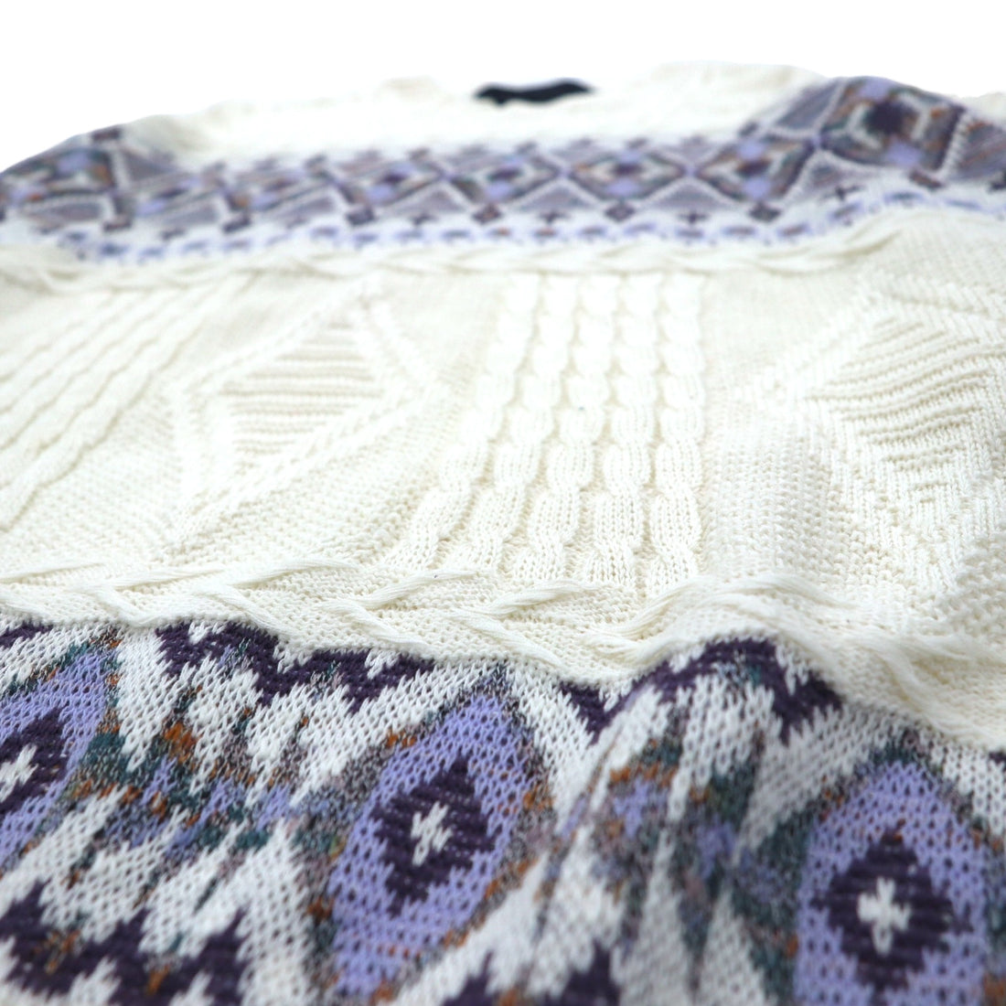90s TARA DESIGN Jacquard Cotton Knit Sweater L White Purple Argyle Pattern Made in Japan