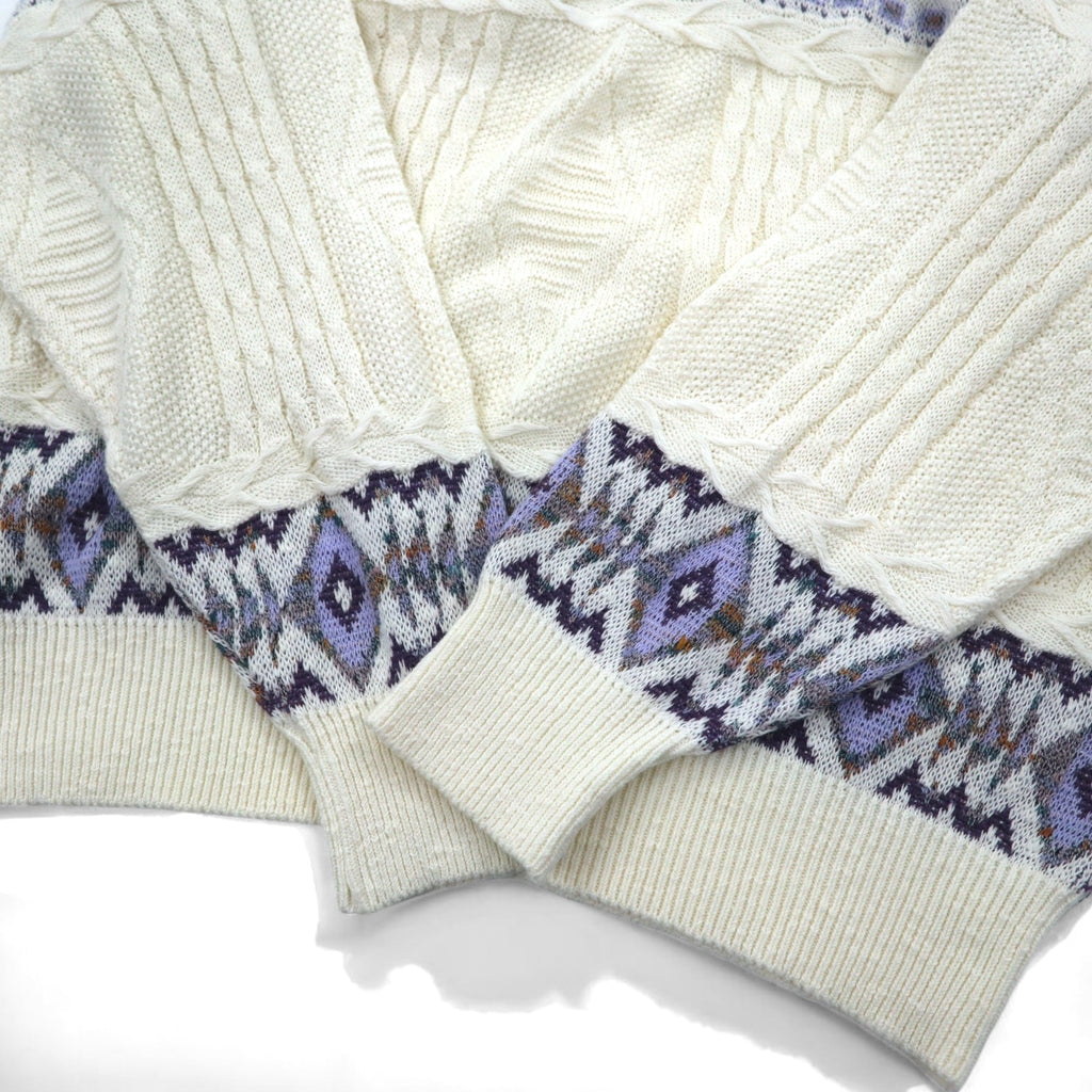 90s TARA DESIGN Jacquard Cotton Knit Sweater L White Purple Argyle Pattern Made in Japan
