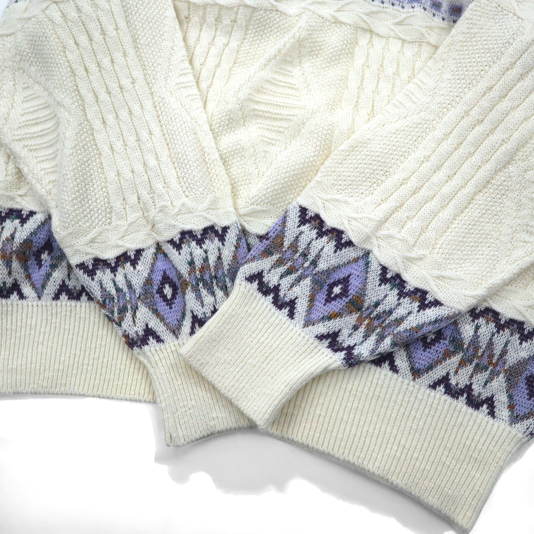 90s TARA DESIGN Jacquard Cotton Knit Sweater L White Purple Argyle Pattern Made in Japan