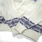90s TARA DESIGN Jacquard Cotton Knit Sweater L White Purple Argyle Pattern Made in Japan