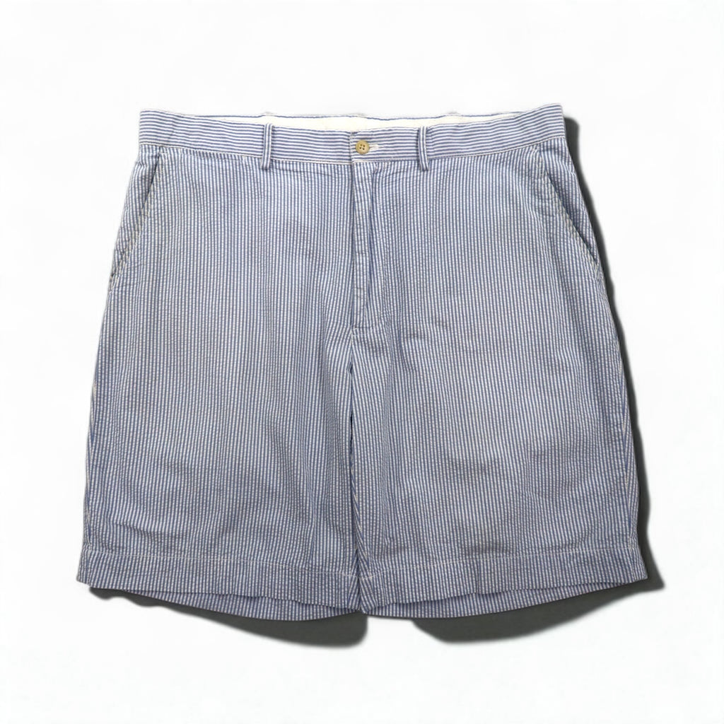 Polo by Ralph Lauren 90s Seersucker Shorts, Size L, Blue and White Stripes, Made in Sri Lanka