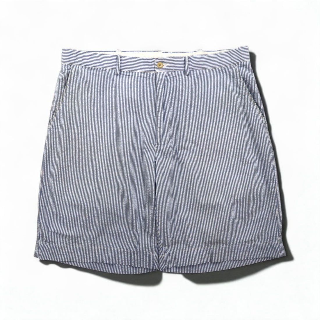 Polo by Ralph Lauren 90s Seersucker Shorts, Size L, Blue and White Stripes, Made in Sri Lanka