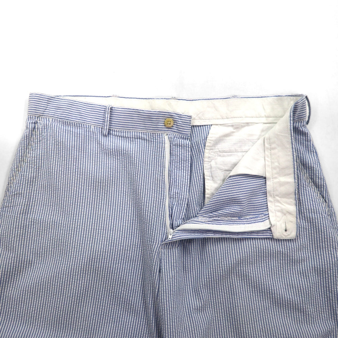 Polo by Ralph Lauren 90s Seersucker Shorts, Size L, Blue and White Stripes, Made in Sri Lanka