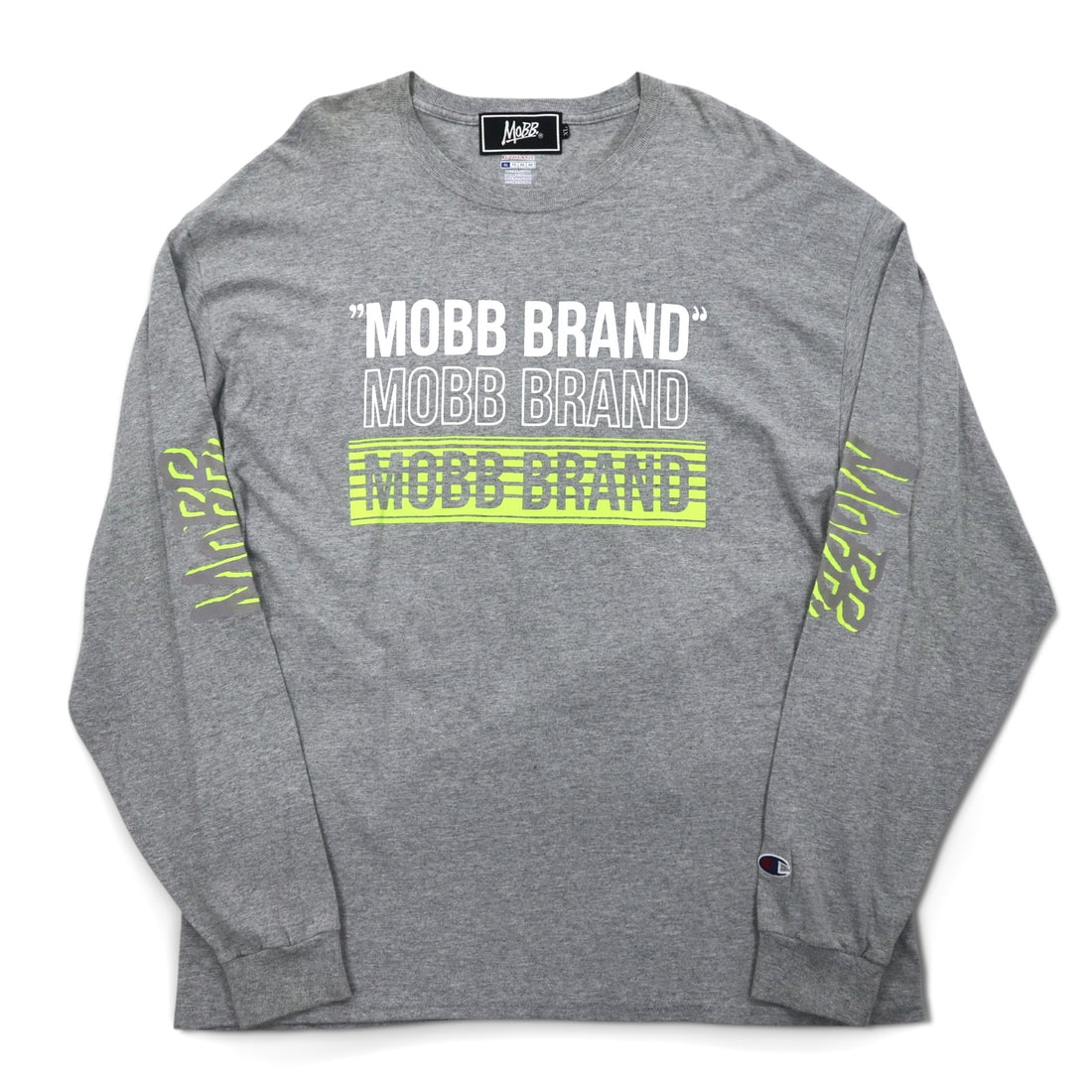 MOBB. × Champion Long Sleeve T-Shirt, XL, Grey, Sleeve Print, Made in El Salvador