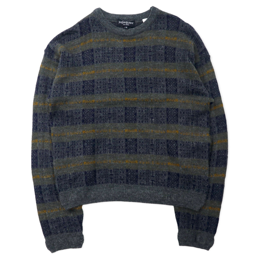 日本然リトテ-古着オンライン-YVES SAINT LAURENT pour homme ニット セーター M グレー 総柄 チェック ウール オールド-Yves Saint Laurent Pour Homme Knit Sweater M Gray Patterned Checked Wool Vintage