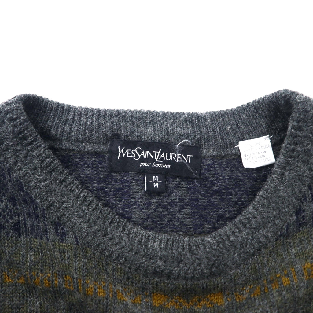 YVES SAINT LAURENT pour homme knit sweater M gray all over pattern check wool old