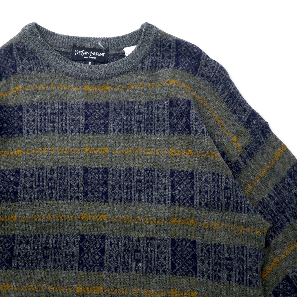 YVES SAINT LAURENT pour homme knit sweater M gray all over pattern check wool old