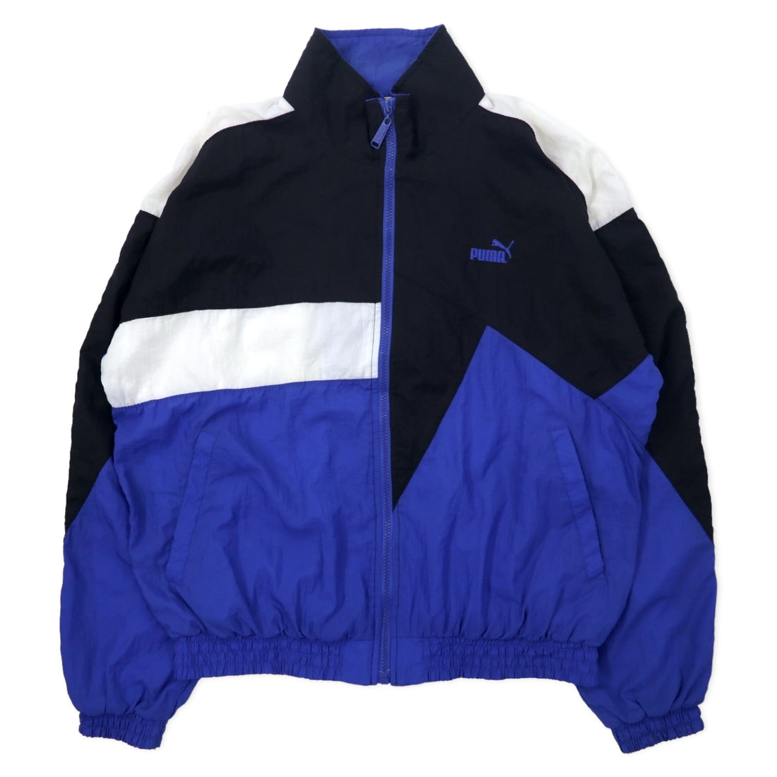 日本然リトテ-古着オンライン-PUMA 90年代 ナイロンジャケット S ブルー クレイジーパターン カラーブロック ワンポイントロゴ刺繍-PUMA 90's Windbreaker S Blue Crazy Pattern Collar Block One Point Logo Embroidery