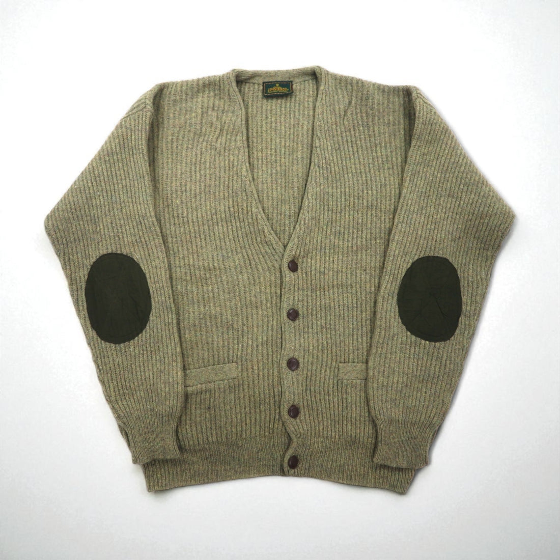 McGREGOR 80s Vintage Ribbed V-Neck Knit Cardigan, Size L, Wool, Elbow Patches, Handwarmer Pockets