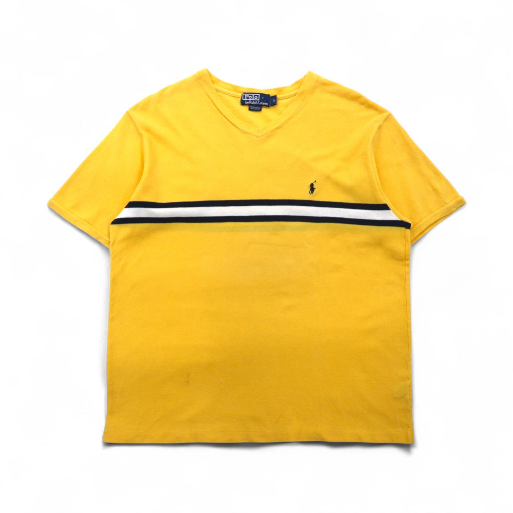 Polo by Ralph Lauren 90s Striped V-Neck Pique T-Shirt, Size L, Yellow Cotton, Small Pony Embroidery