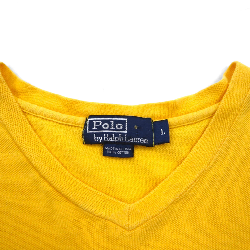 Polo by Ralph Lauren 90s Striped V-Neck Pique T-Shirt, Size L, Yellow Cotton, Small Pony Embroidery