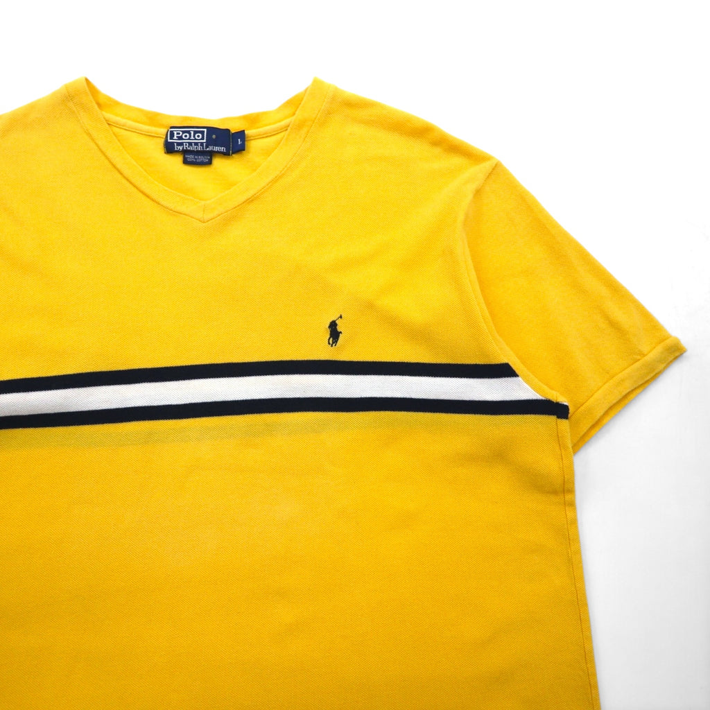 Polo by Ralph Lauren 90s Striped V-Neck Pique T-Shirt, Size L, Yellow Cotton, Small Pony Embroidery