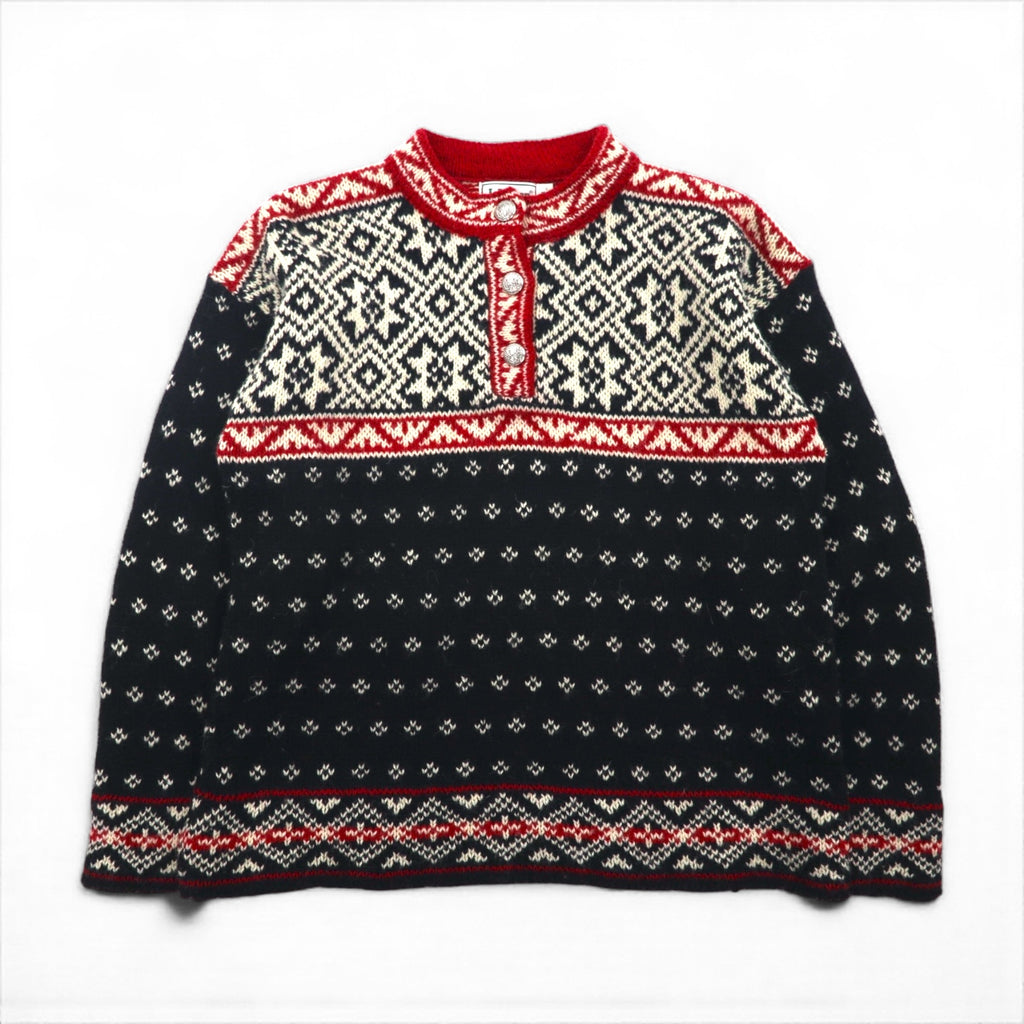 LLBean 90s Made in USA Tyrolean Knit Sweater, Size M, Wool, BA45, Half Button, Metal Buttons, Nordic Pattern, Birdseye Pattern