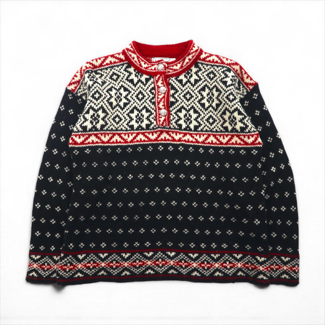 LLBean 90s Made in USA Tyrolean Knit Sweater, Size M, Wool, BA45, Half Button, Metal Buttons, Nordic Pattern, Birdseye Pattern