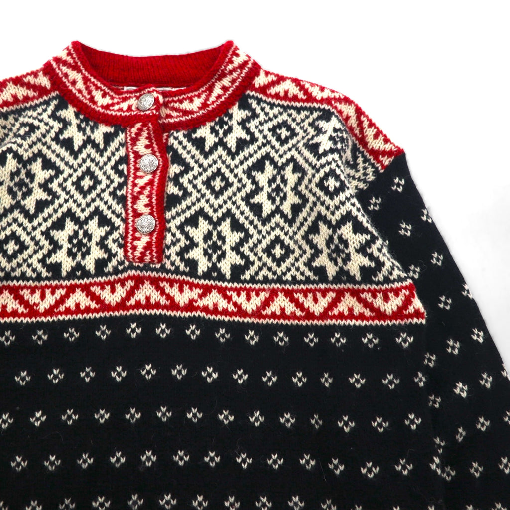 LLBean 90s Made in USA Tyrolean Knit Sweater, Size M, Wool, BA45, Half Button, Metal Buttons, Nordic Pattern, Birdseye Pattern