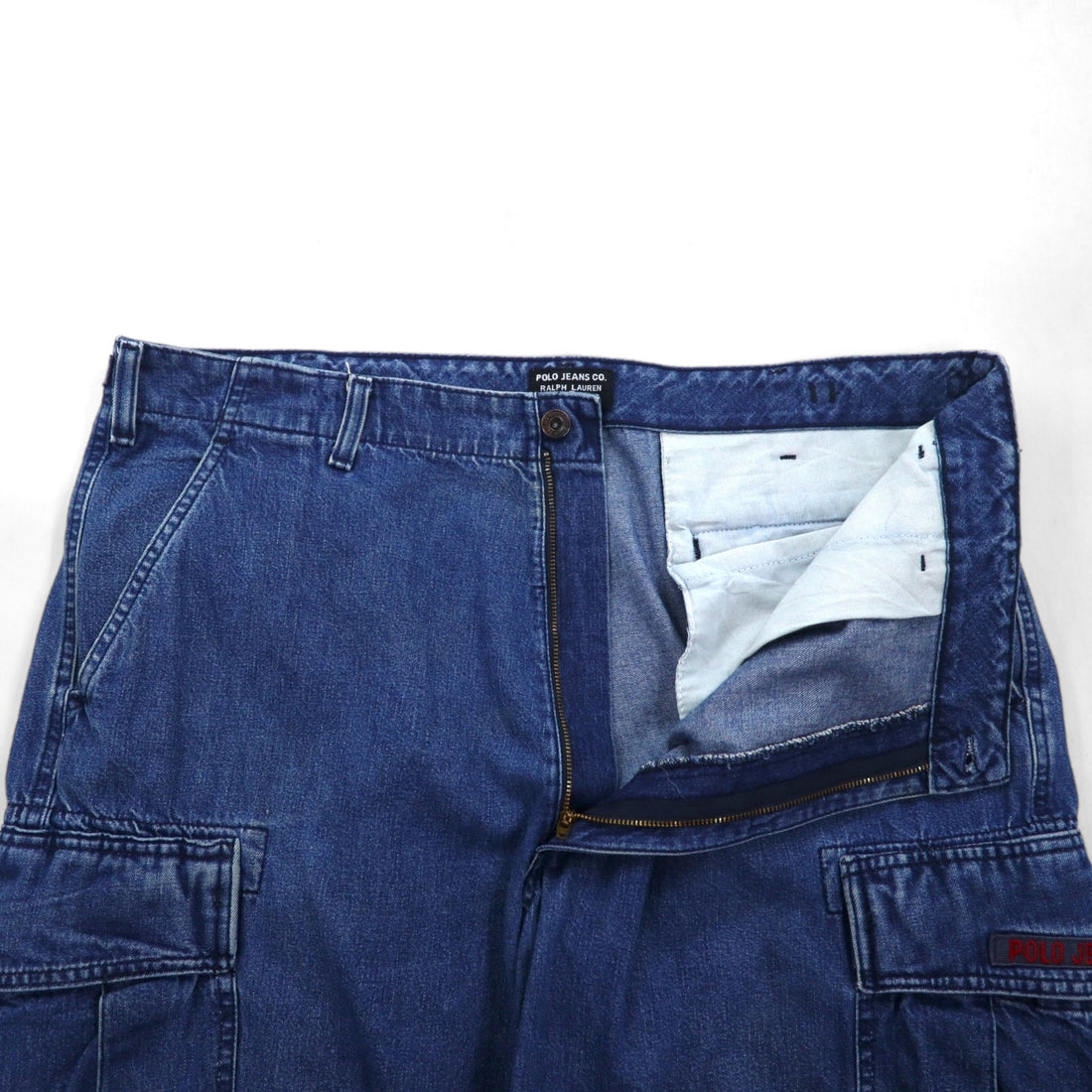 POLO JEANS CO. RALPH LAUREN 90s Baggy Short Denim Cargo Pants, XL, Indigo Blue, Knee-Length