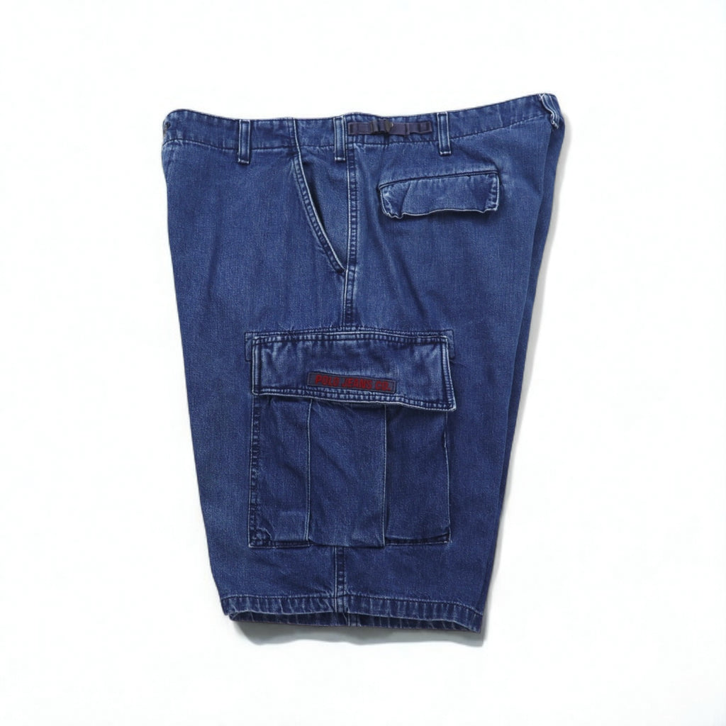 POLO JEANS CO. RALPH LAUREN 90s Baggy Short Denim Cargo Pants, XL, Indigo Blue, Knee-Length