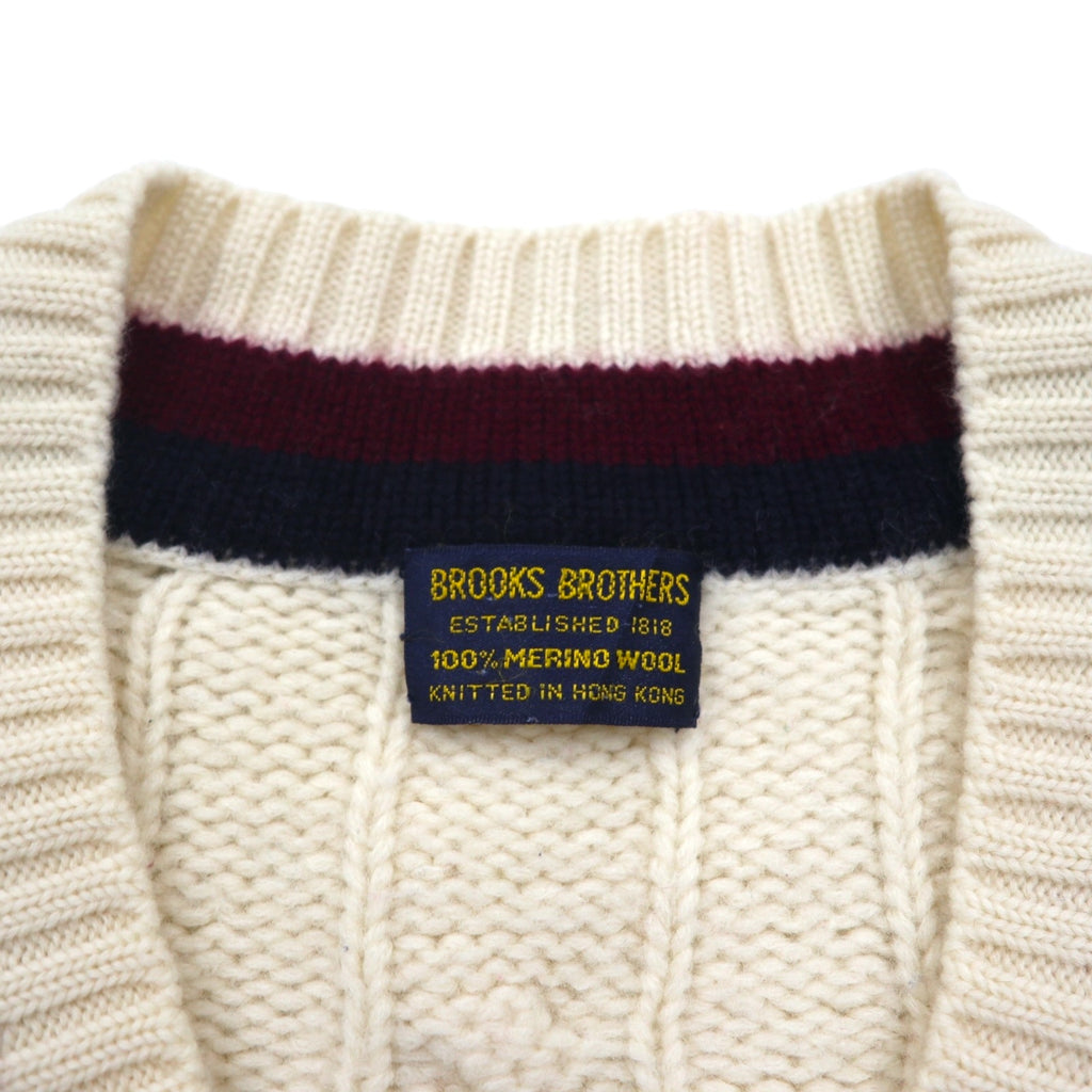 Brooks Brothers 90s Childen Knit V-Neck Sweater, Size XL, Off-White Merino Wool Cable Knit