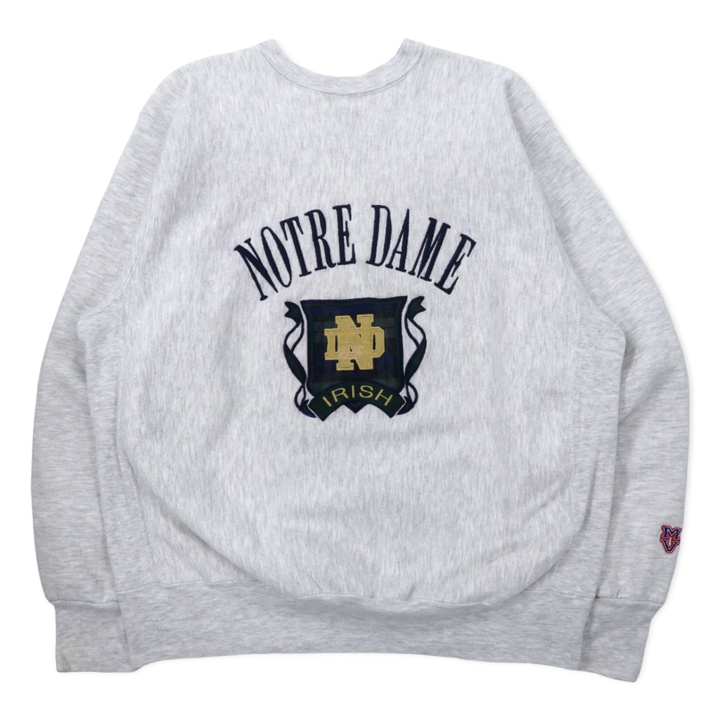 日本然リトテ-古着オンライン-MV SPORT USA製 90年代 PRO WEAVE リバースウィーブ カレッジ刺繍 スウェット XL グレー コットン 裏起毛 NOTRE DAME アーチロゴ-MV SPORT USA Made 90's PRO WEAVE Reverse Weave College Embroidery Sweatshirt XL Gray Cotton brushed lining NOTRE DAME Arch Logo