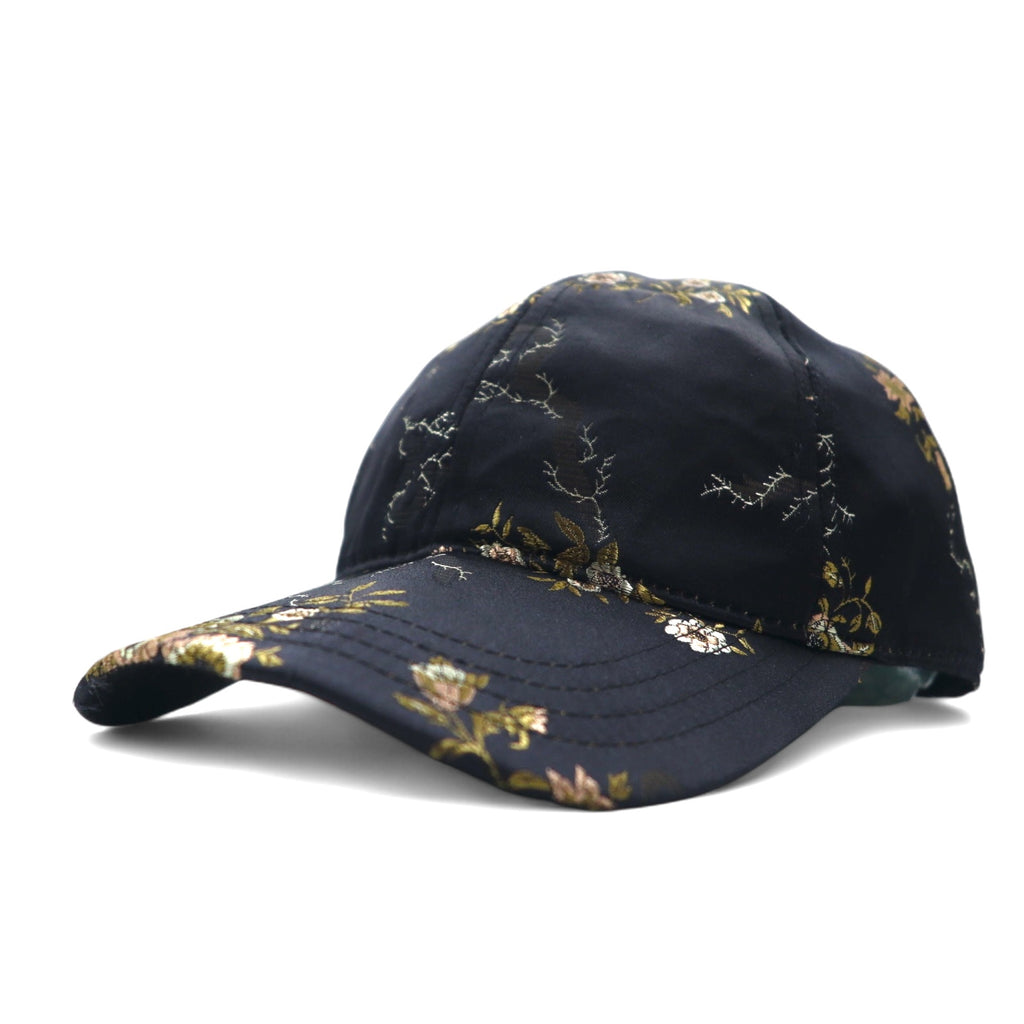 TIME AND TRU Souvenir Embroidered Satin Cap ONE Black Polyester Floral