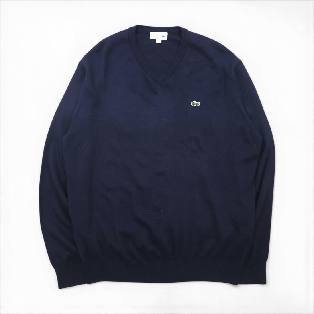 LACOSTE V-neck knit sweater, XL, navy wool with embroidery, F70736