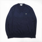 LACOSTE V-neck knit sweater, XL, navy wool with embroidery, F70736