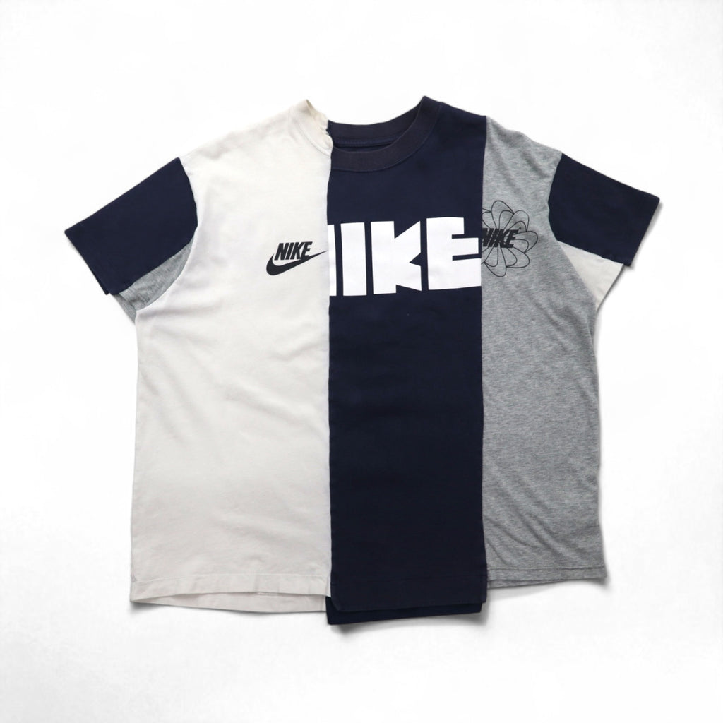 sacai x NIKE Reconstructed T-Shirt, Size L, White, Navy, Gray, Windmill Design, Rugged Nike Cotton