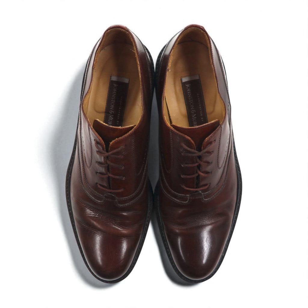 JOHNSTON &amp; MURPHY Italian Handcrafted Plain Toe Dress Shoes, Size 28cm, Brown Leather, 15-1528